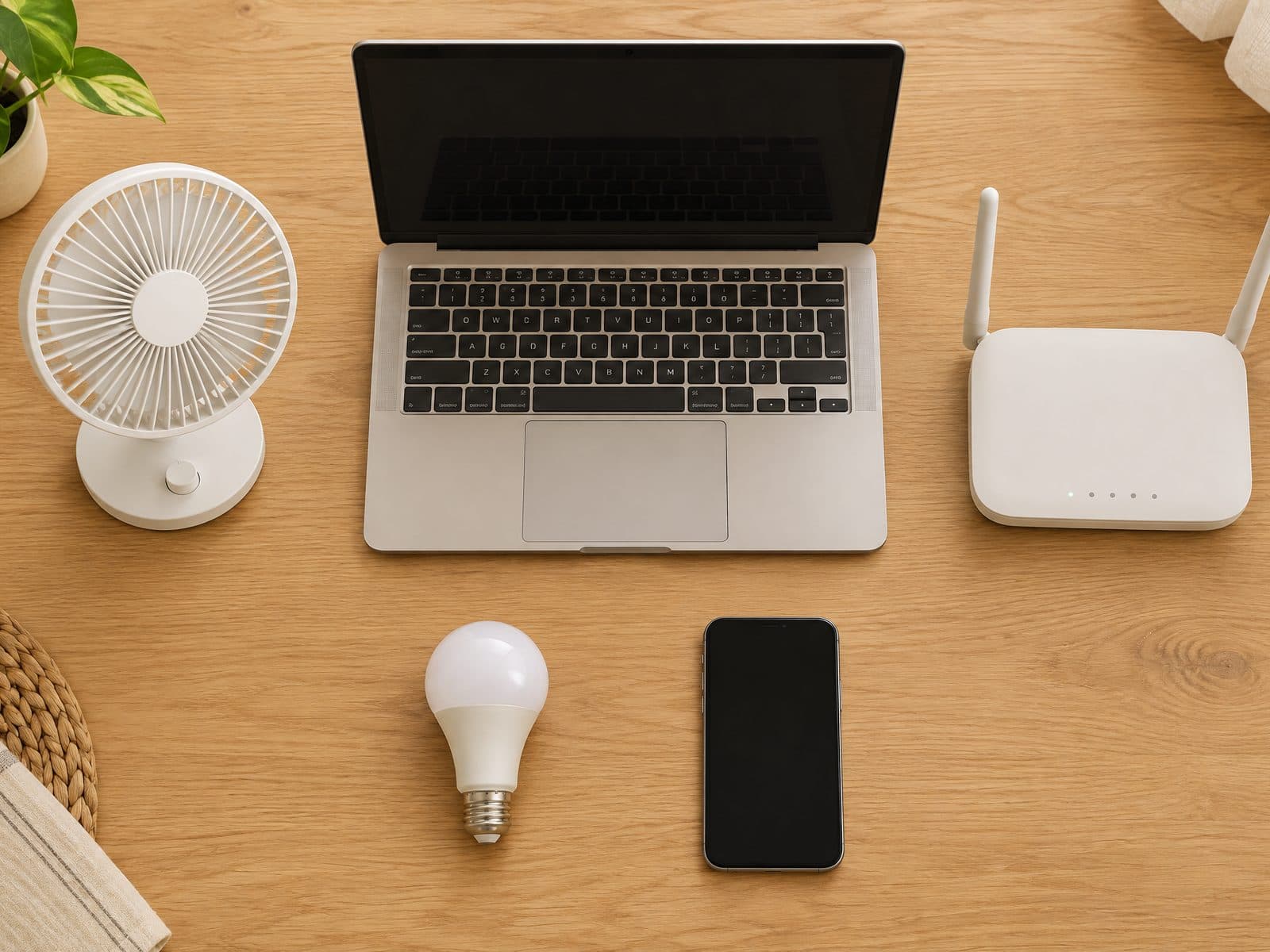 A fan, laptop, Wi-Fi router, light bulb and phone laid out on a wooden table
