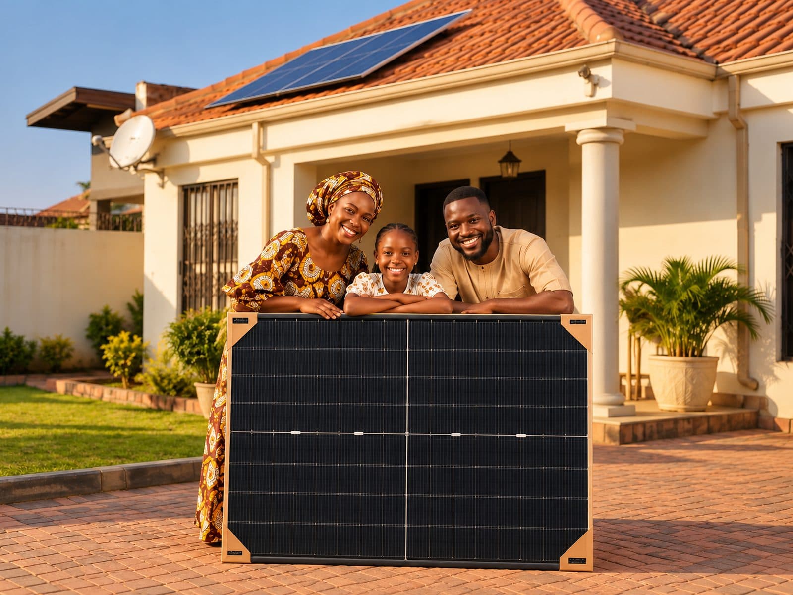 A family smiling behind a solar panel in front of their home